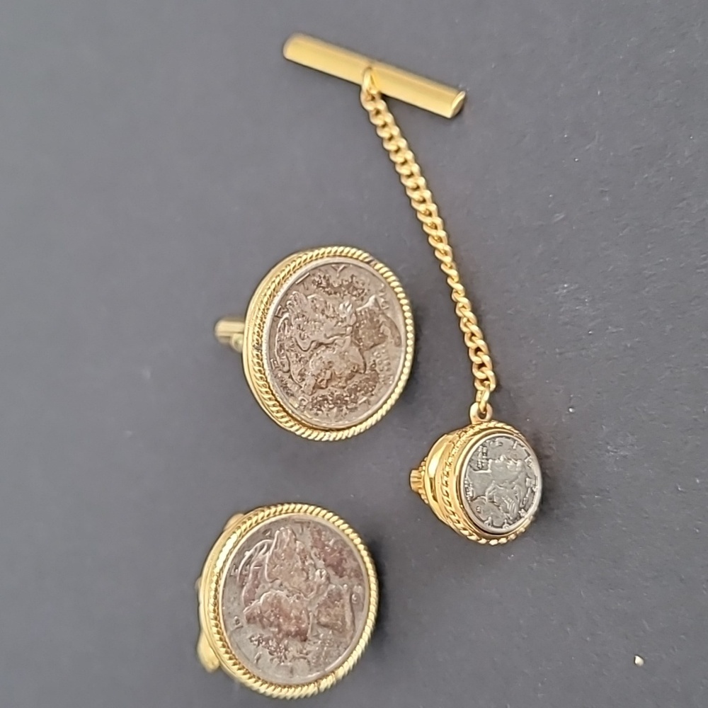 Silver and goldtone mercury dime cufflinks and tie tac